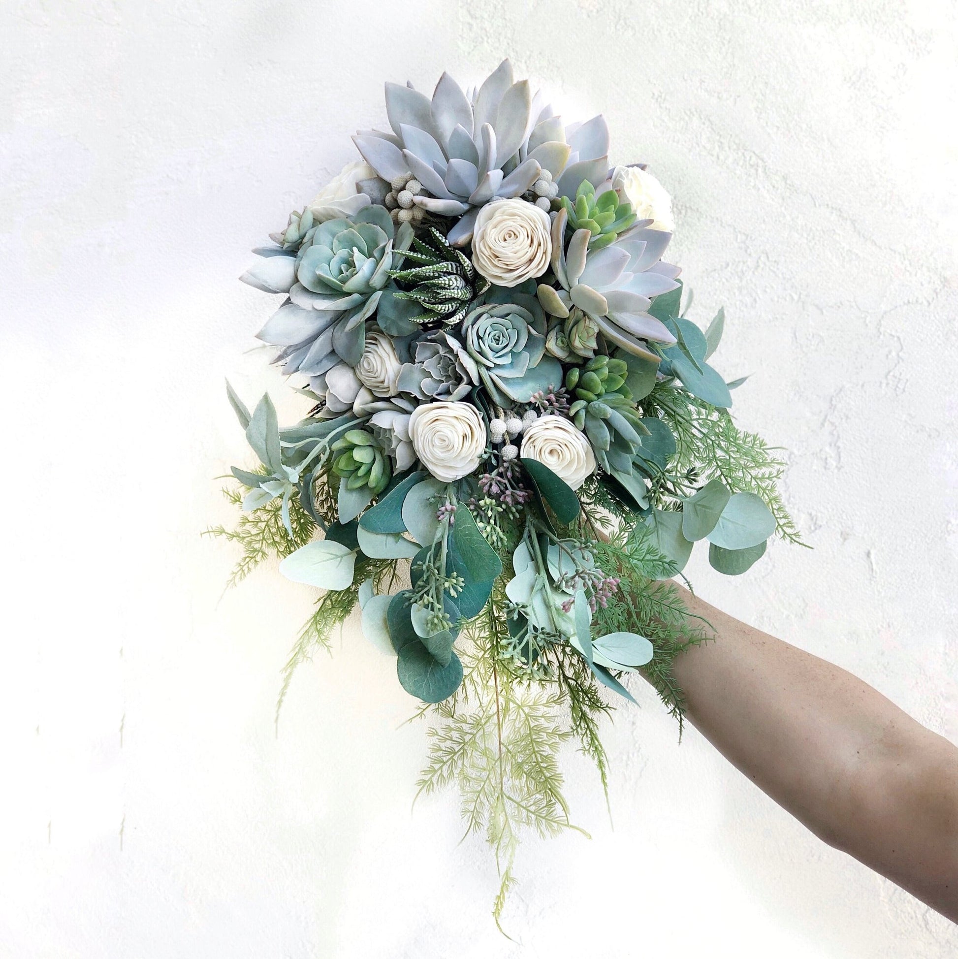 succulent eucalyptus bouquet Cascading Wedding Bouquet
