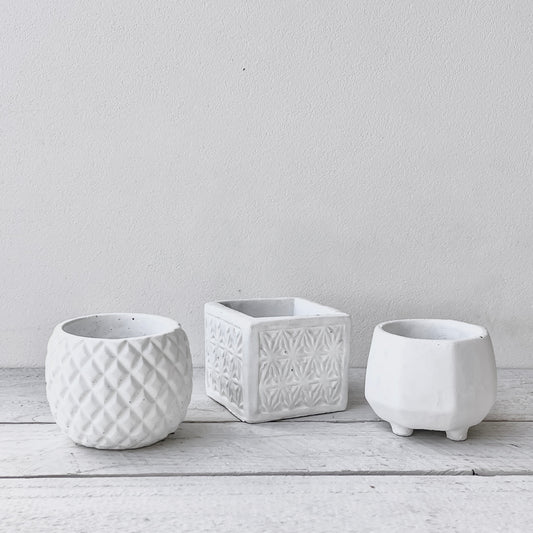 Unplanted Tiffany Trio of Small White Geometric Pots